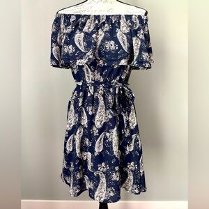Lush Navy Blue and White Off-Shoulder Flutter Sleeve Sundress, size S